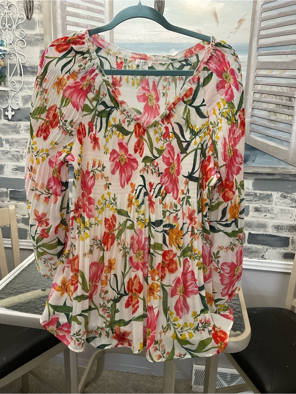 Spense White Floral V-Neck Long Sleeve Peasant Blouse - Pink, Green, Yellow